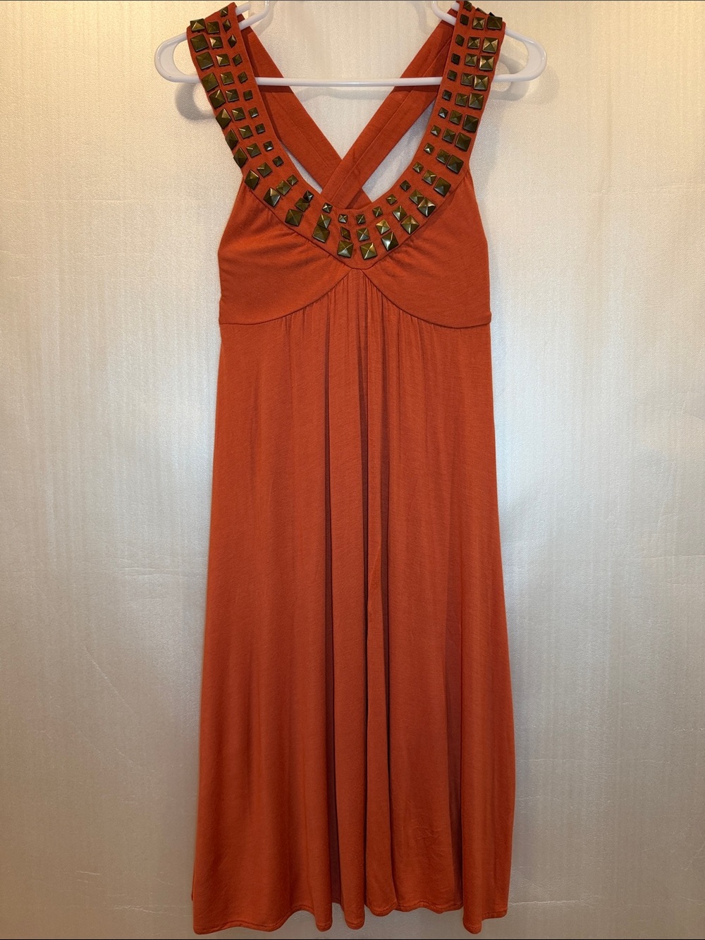Sweetees Studded Cross-Back Midi Dress in Burnt Orange